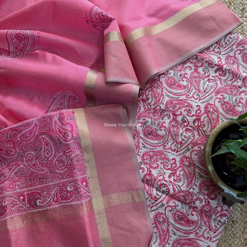 Maheshwari Pink Handblock Print Top-Dupatta HBS0167