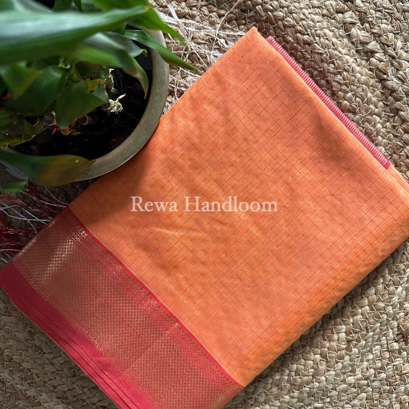 Maheshwari Light Orange Zari Checks Saree ZCHX205