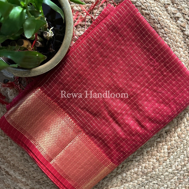 Maheshwari Dark Red Zari Checks Saree ZCHX198