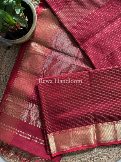 Maheshwari Dark Red Zari Checks Saree ZCHX198