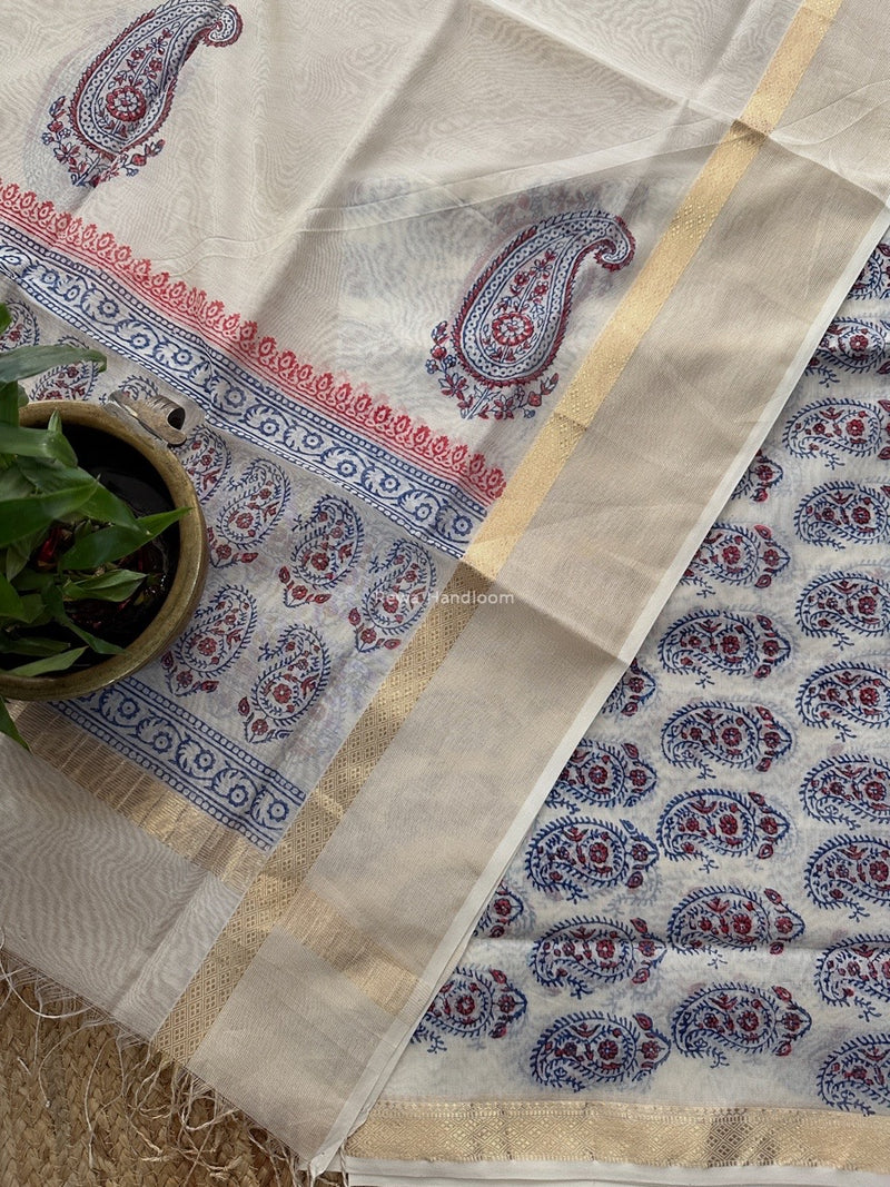 Maheshwari White Handblock Print Top-Dupatta HBS0170