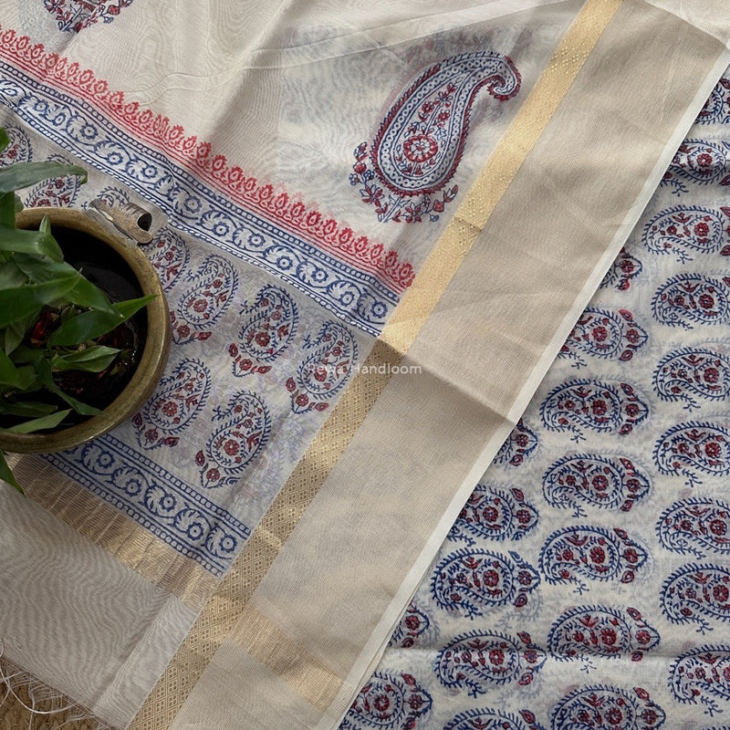 Maheshwari White Handblock Print Top-Dupatta HBS0170