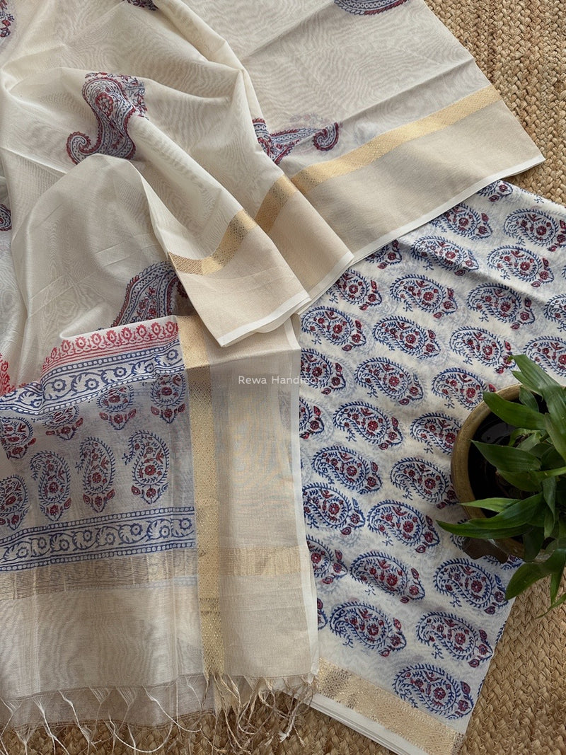 Maheshwari White Handblock Print Top-Dupatta HBS0170