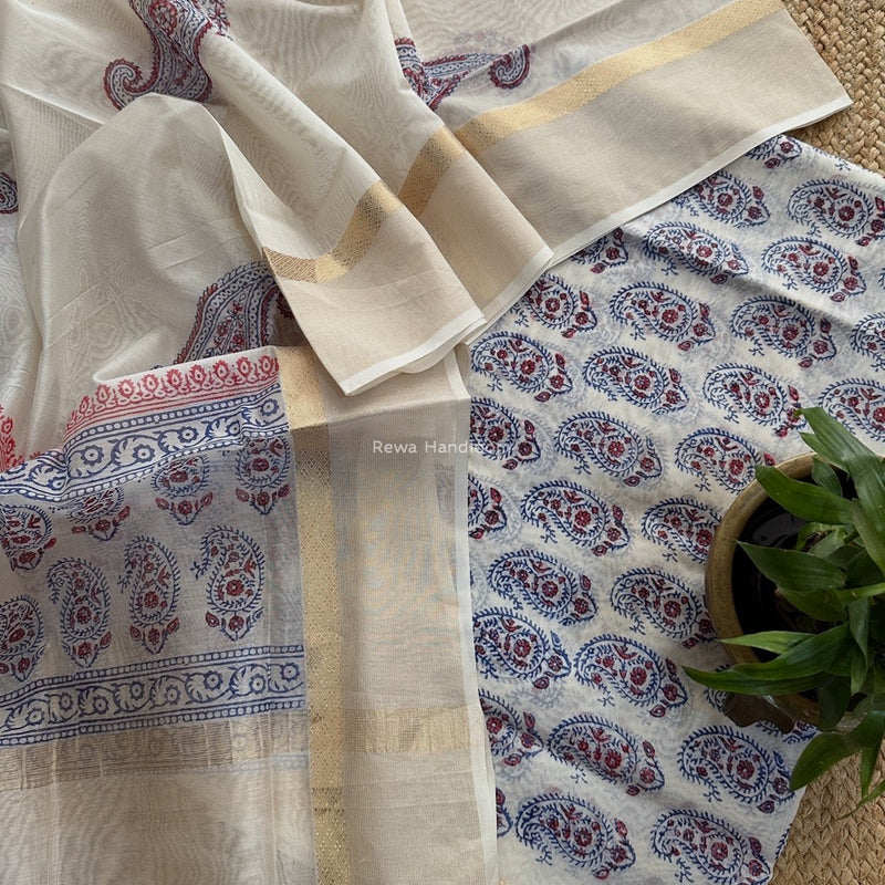 Maheshwari White Handblock Print Top-Dupatta HBS0170