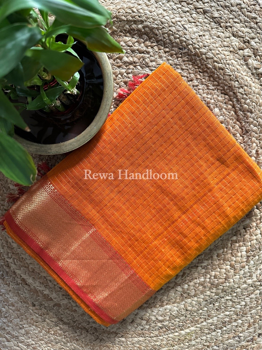 Maheshwari Orange Zari Checks Saree ZCHX208