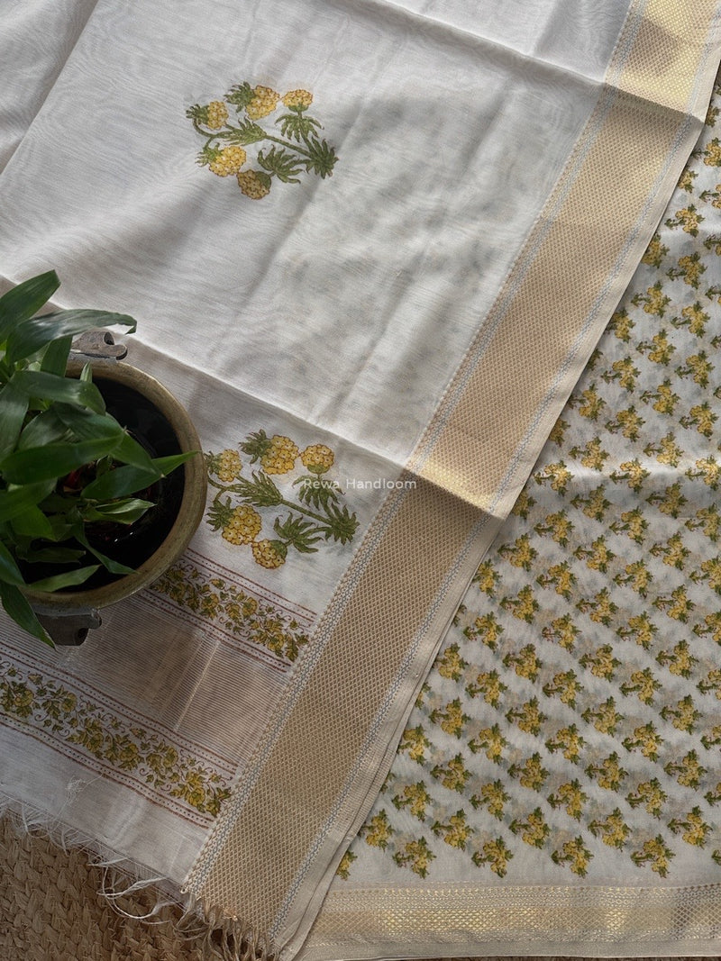 Maheshwari White Handblock Print Top-Dupatta HBS0171