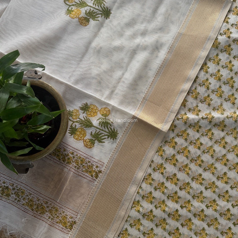 Maheshwari White Handblock Print Top-Dupatta HBS0171