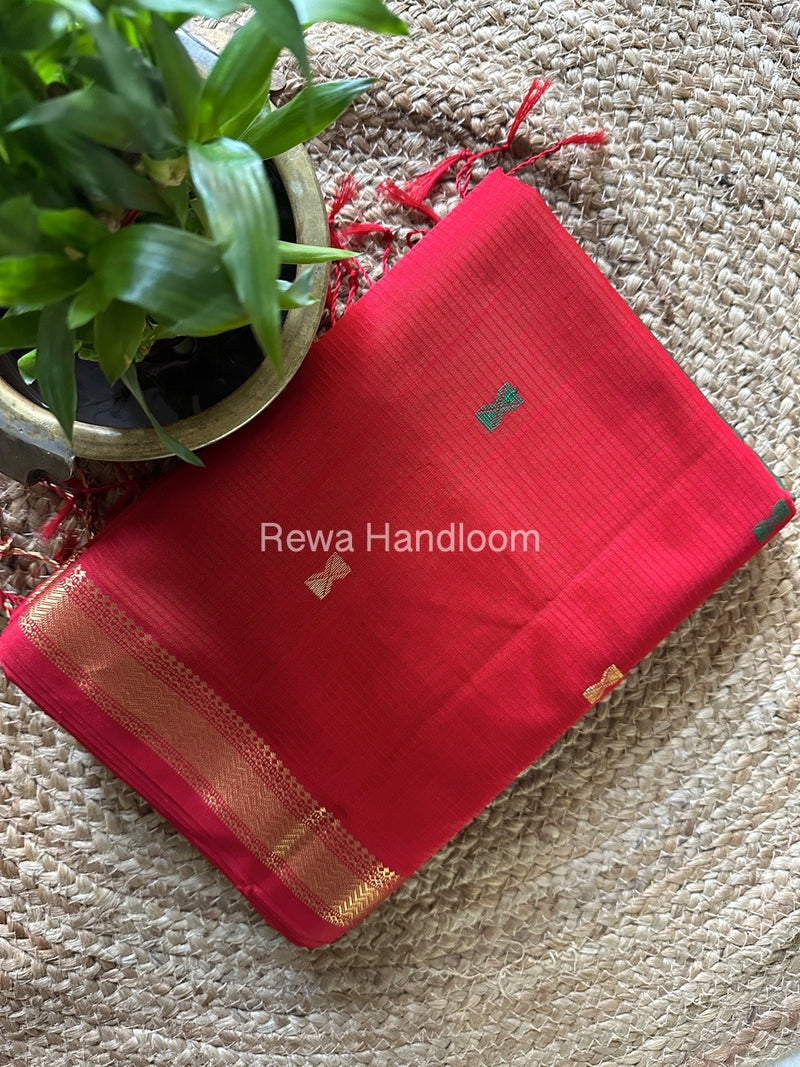  Red-Green Butta Pallu Zari Border Maheshwari Saree BTPS053