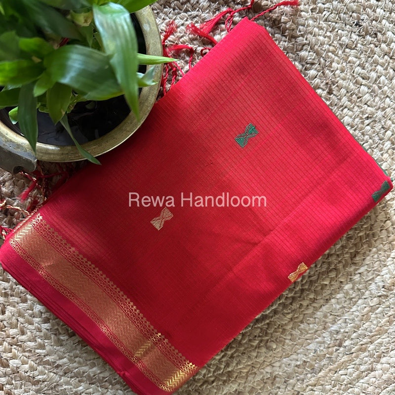 Red-Green Butta Pallu Zari Border Maheshwari Saree BTPS053