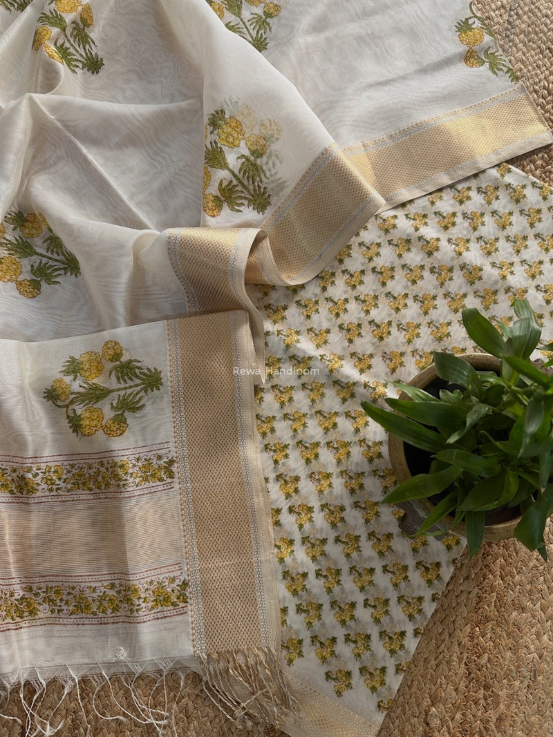 Maheshwari White Handblock Print Top-Dupatta HBS0171