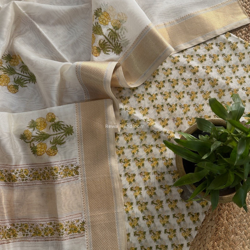 Maheshwari White Handblock Print Top-Dupatta HBS0171