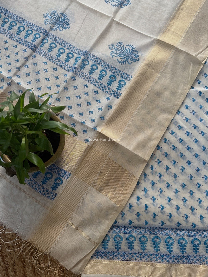 Maheshwari White Handblock Print Top-Dupatta HBS0172