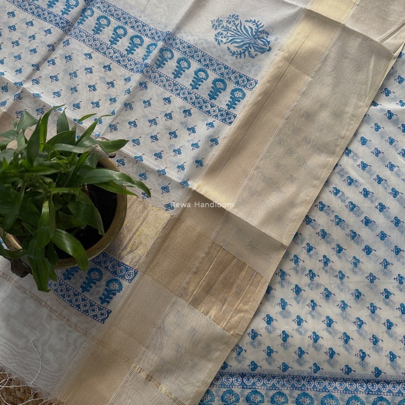 Maheshwari White Handblock Print Top-Dupatta HBS0172