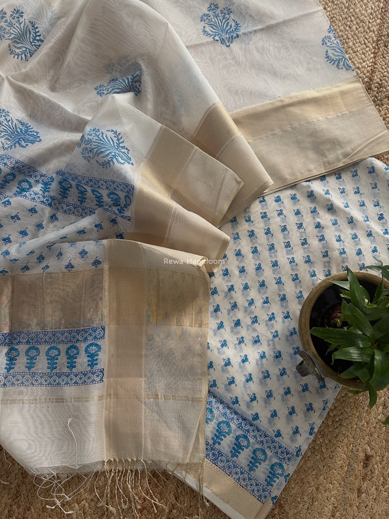 Maheshwari White Handblock Print Top-Dupatta HBS0172