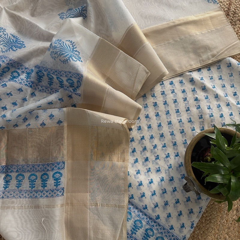 Maheshwari White Handblock Print Top-Dupatta HBS0172
