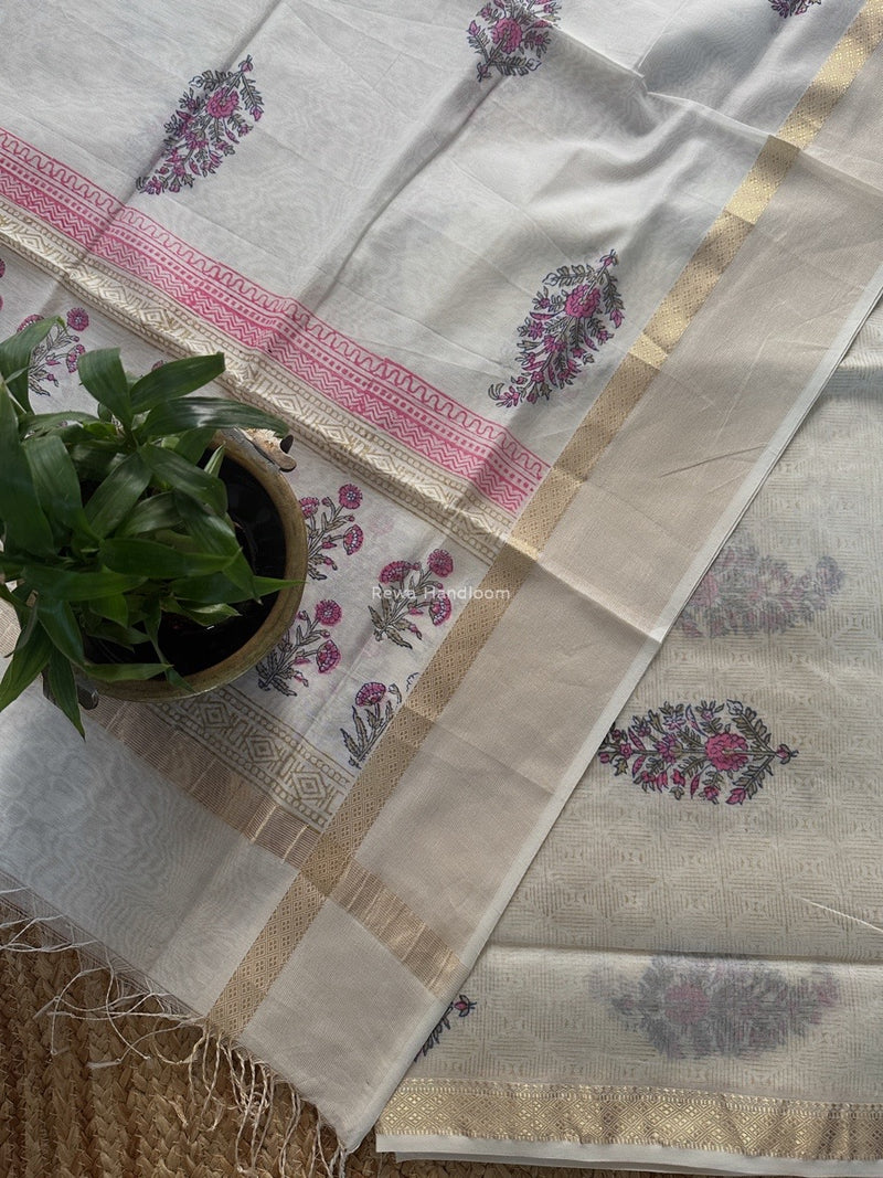 Maheshwari White Handblock Print Top-Dupatta HBS0173