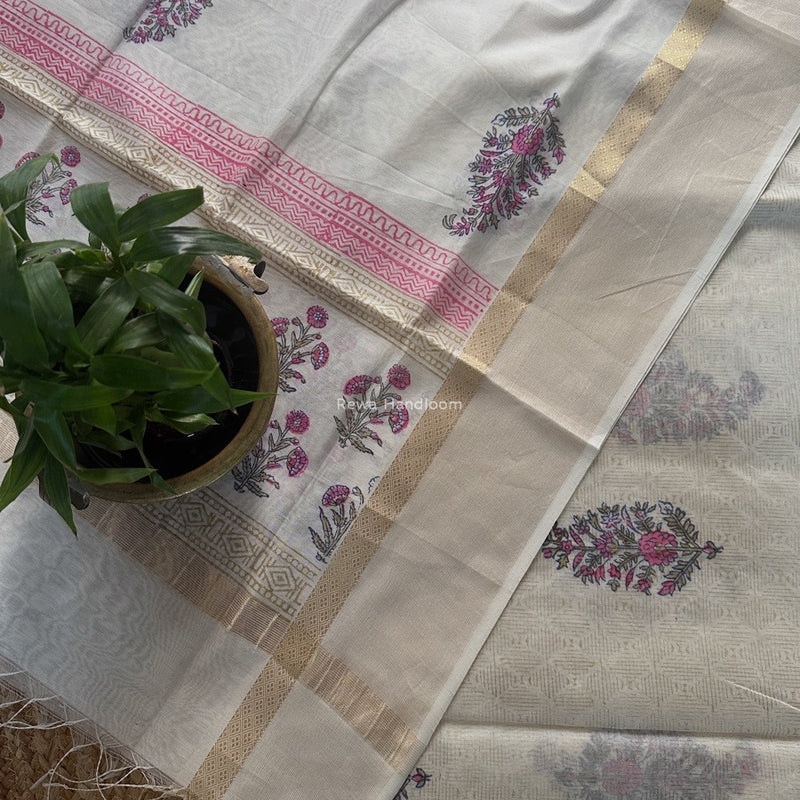 Maheshwari White Handblock Print Top-Dupatta HBS0173