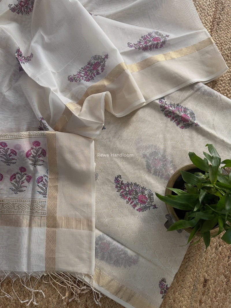 Maheshwari White Handblock Print Top-Dupatta HBS0173
