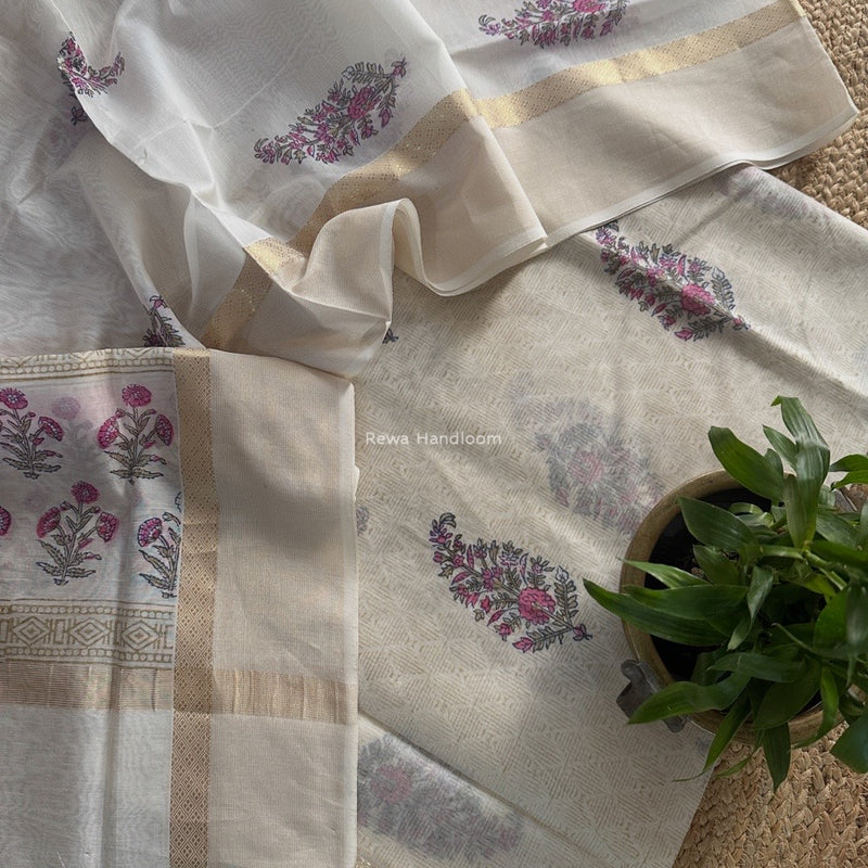 Maheshwari White Handblock Print Top-Dupatta HBS0173