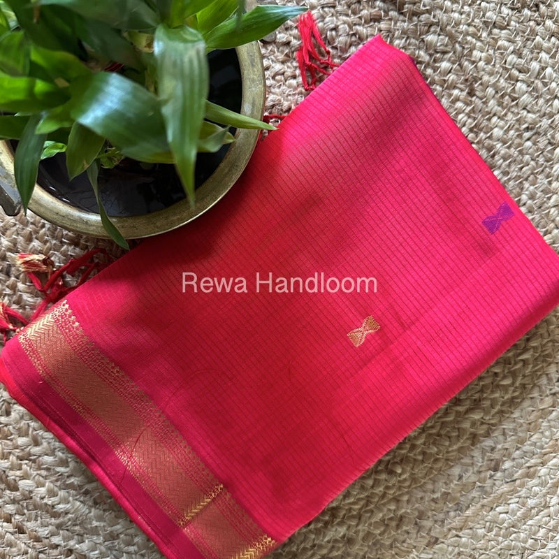 Fuchsia Red-Magenta Butta Pallu Zari Border Maheshwari Saree BTPS054