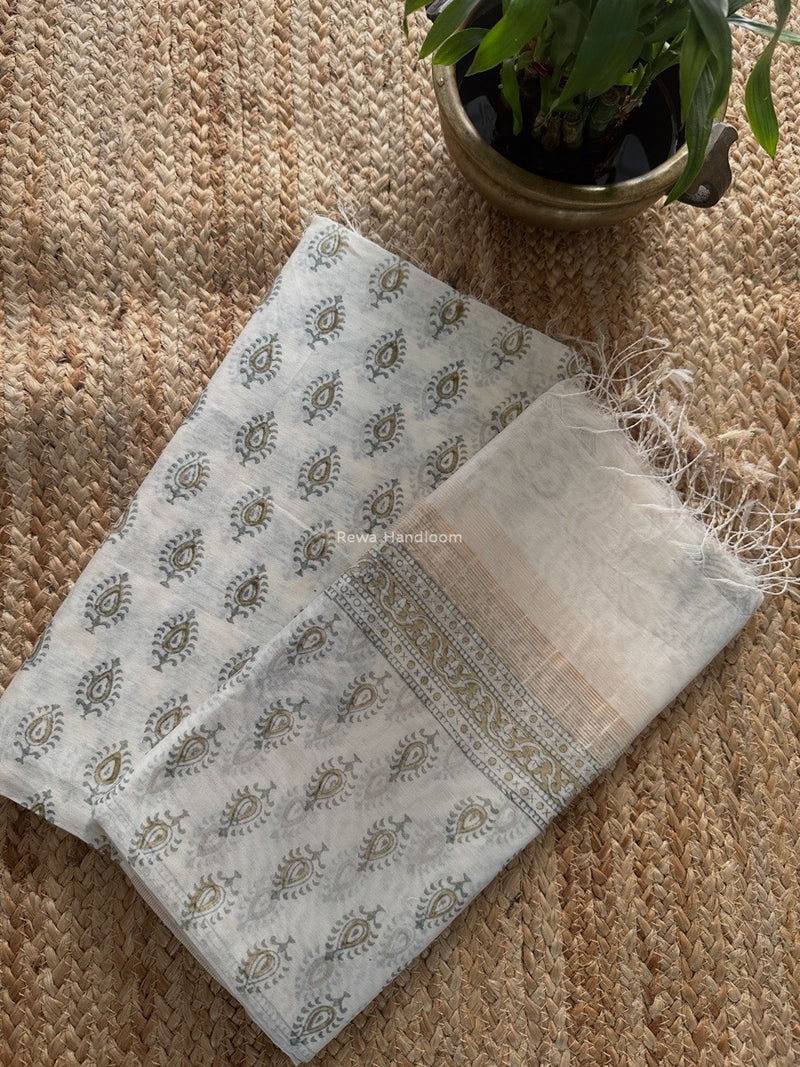 Maheshwari White Handblock Print Top-Dupatta HBS0174