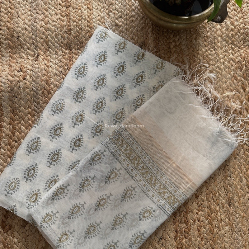 Maheshwari White Handblock Print Top-Dupatta HBS0174