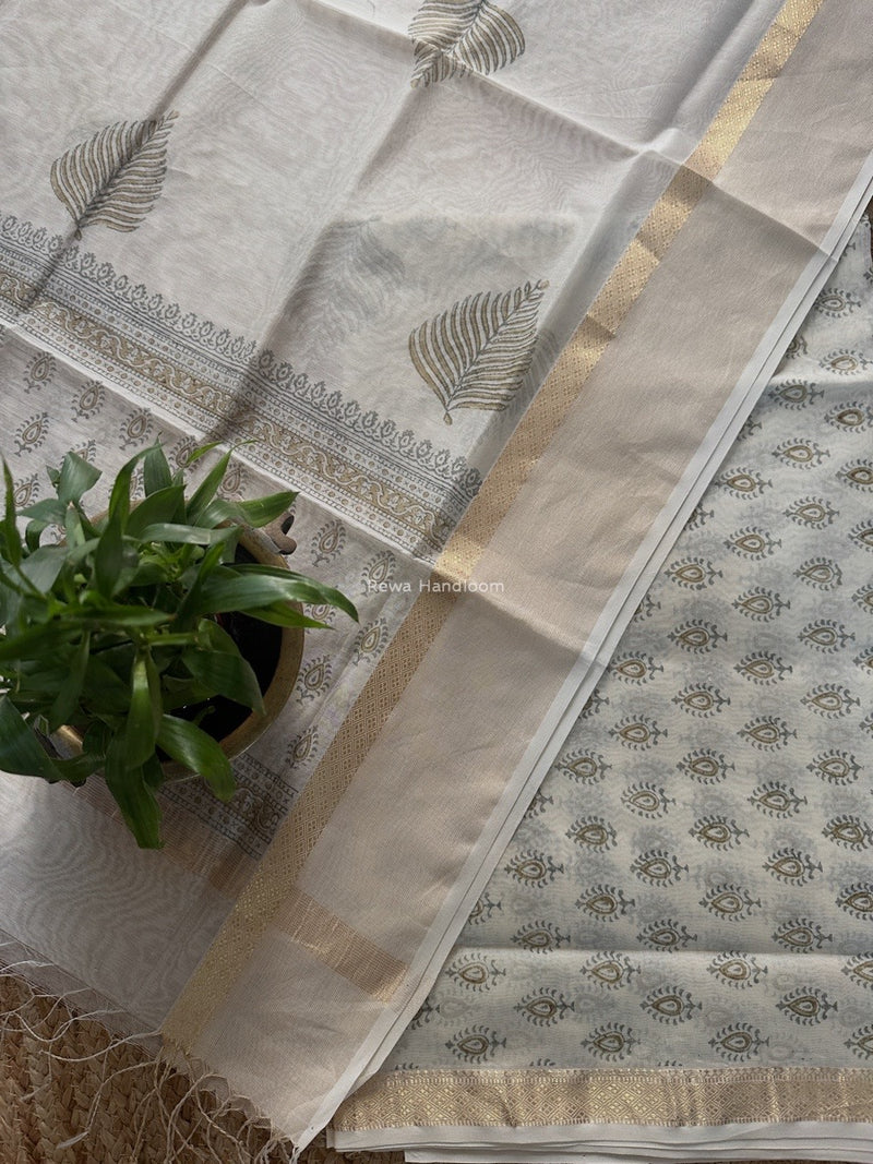 Maheshwari White Handblock Print Top-Dupatta HBS0174