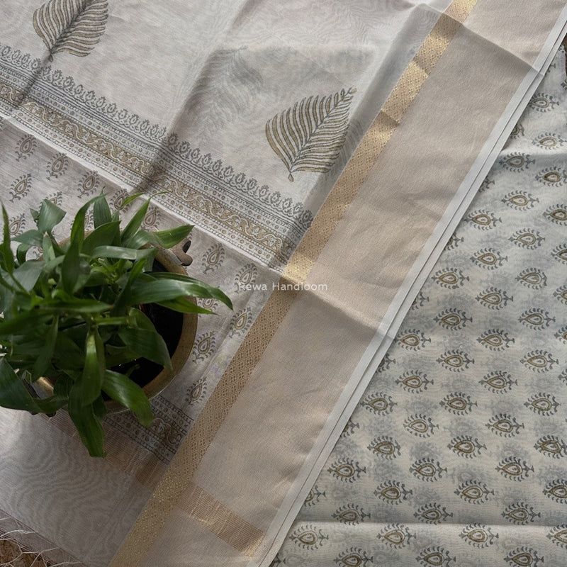Maheshwari White Handblock Print Top-Dupatta HBS0174