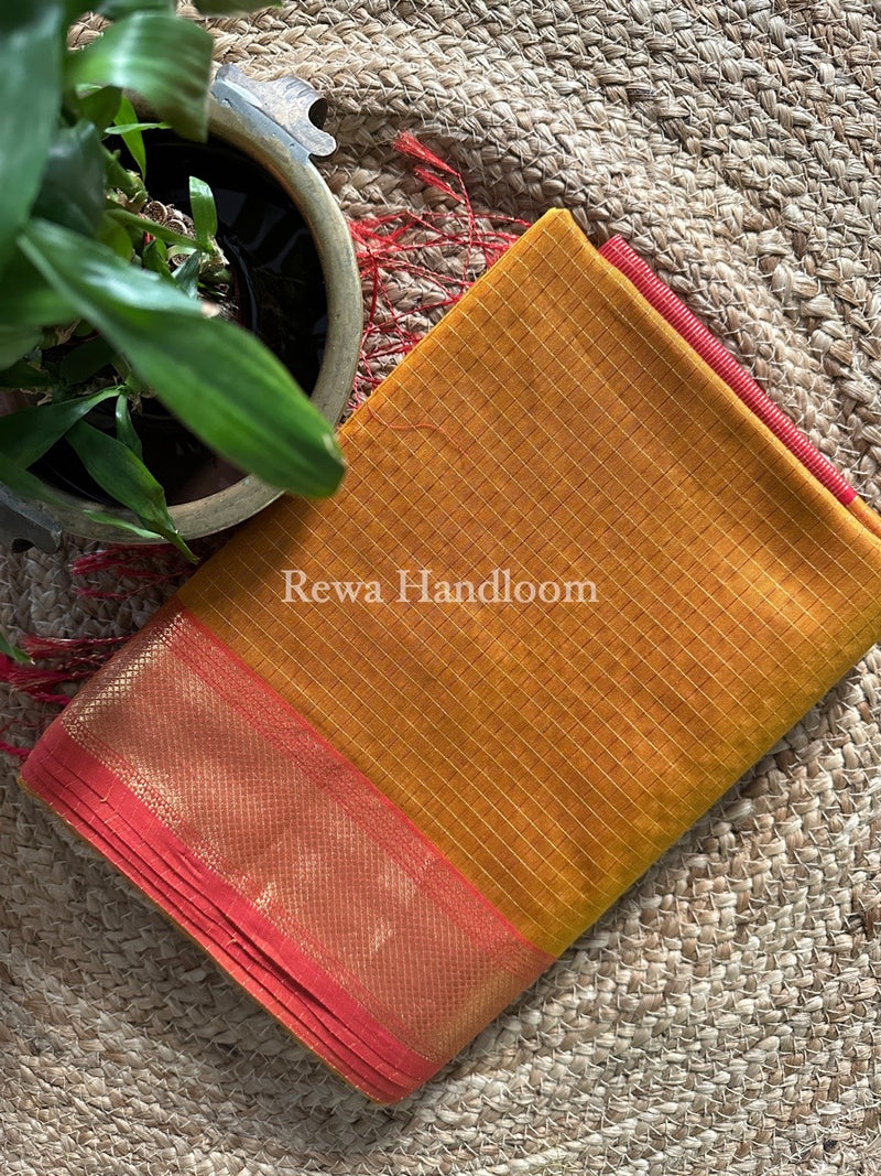 Maheshwari Mustard Yellow Zari Checks Saree ZCHX212