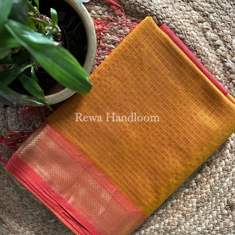 Maheshwari Mustard Yellow Zari Checks Saree ZCHX212
