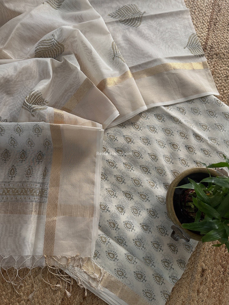 Maheshwari White Handblock Print Top-Dupatta HBS0174