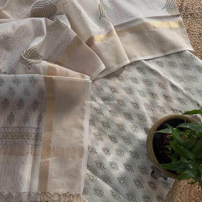 Maheshwari White Handblock Print Top-Dupatta HBS0174