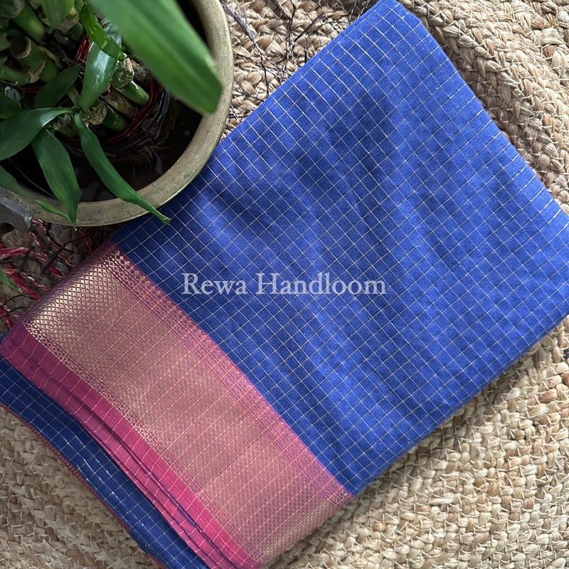 Maheshwari Blue Zari Checks Saree ZCHX203