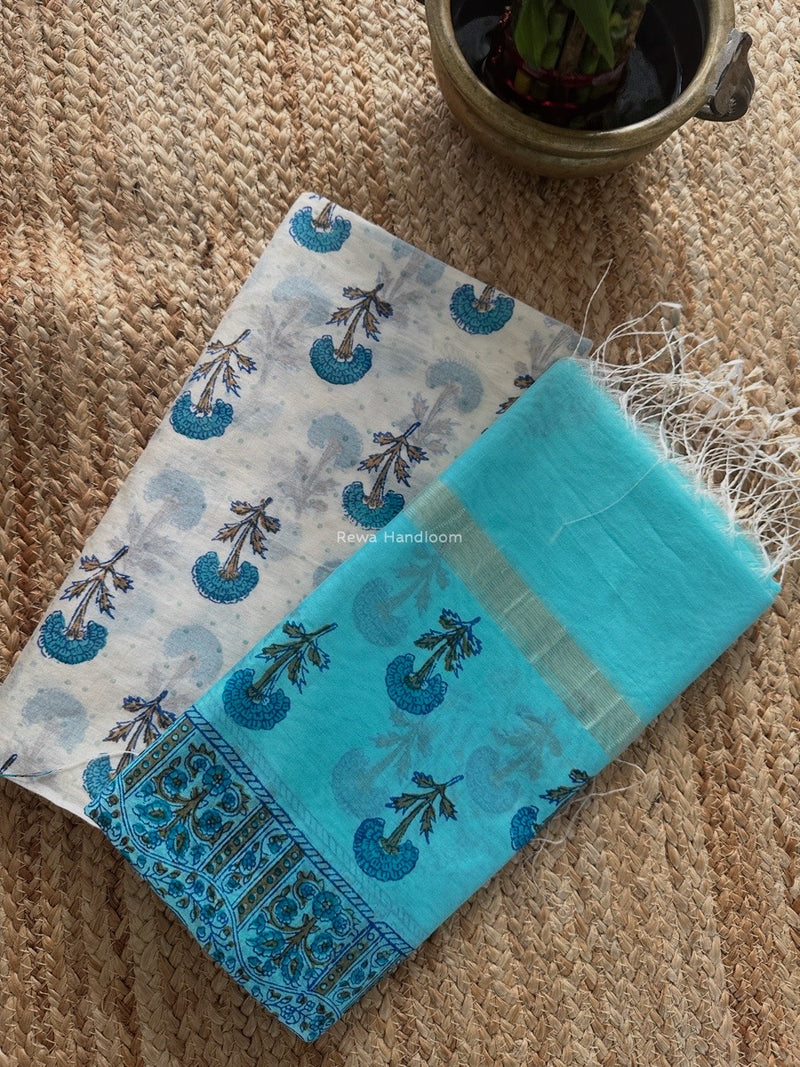 Maheshwari White Handblock Print Top-Dupatta HBS0176