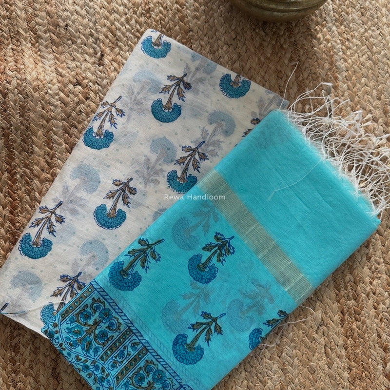 Maheshwari White Handblock Print Top-Dupatta HBS0176