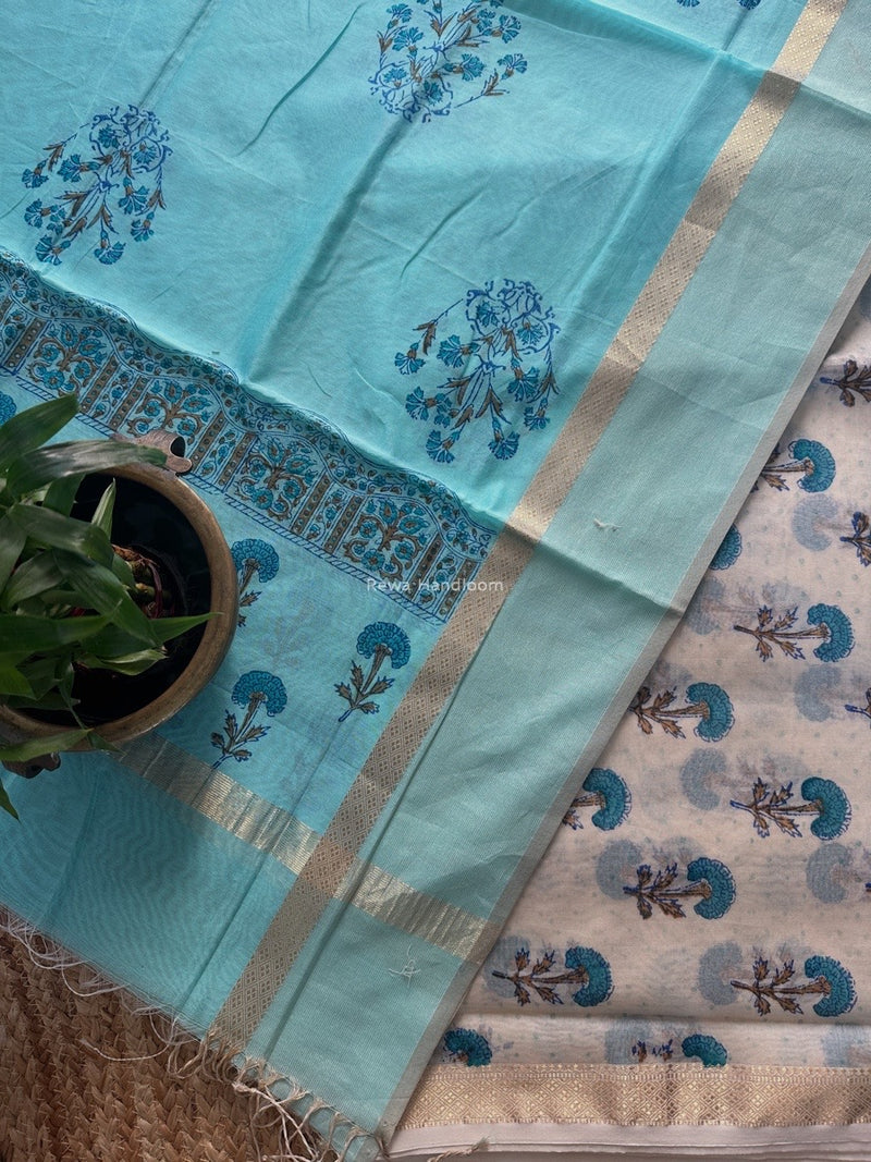 Maheshwari White Handblock Print Top-Dupatta HBS0176