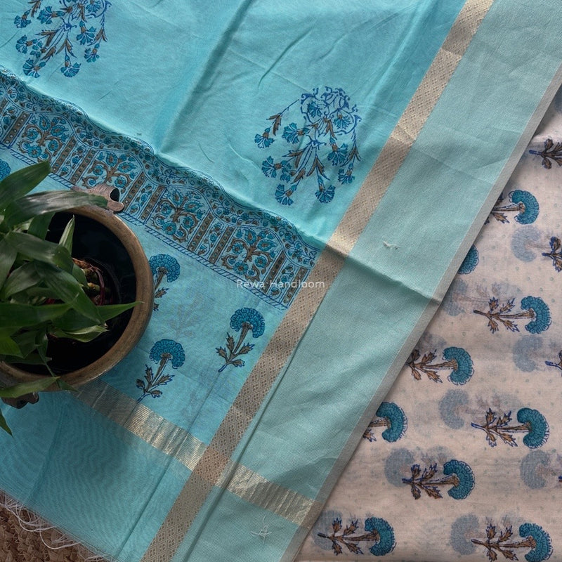 Maheshwari White Handblock Print Top-Dupatta HBS0176