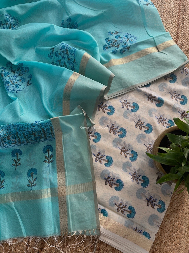 Maheshwari White Handblock Print Top-Dupatta HBS0176