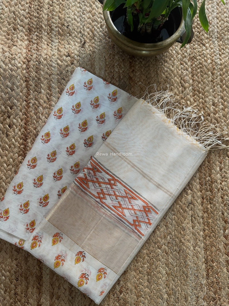 Maheshwari White Handblock Print Top-Dupatta HBS0177