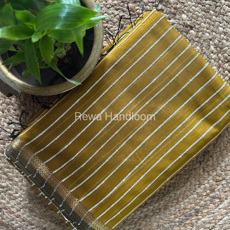 Maheshwari Dark Mustard Yellow Gichha Thread Lining Saree GTLS05