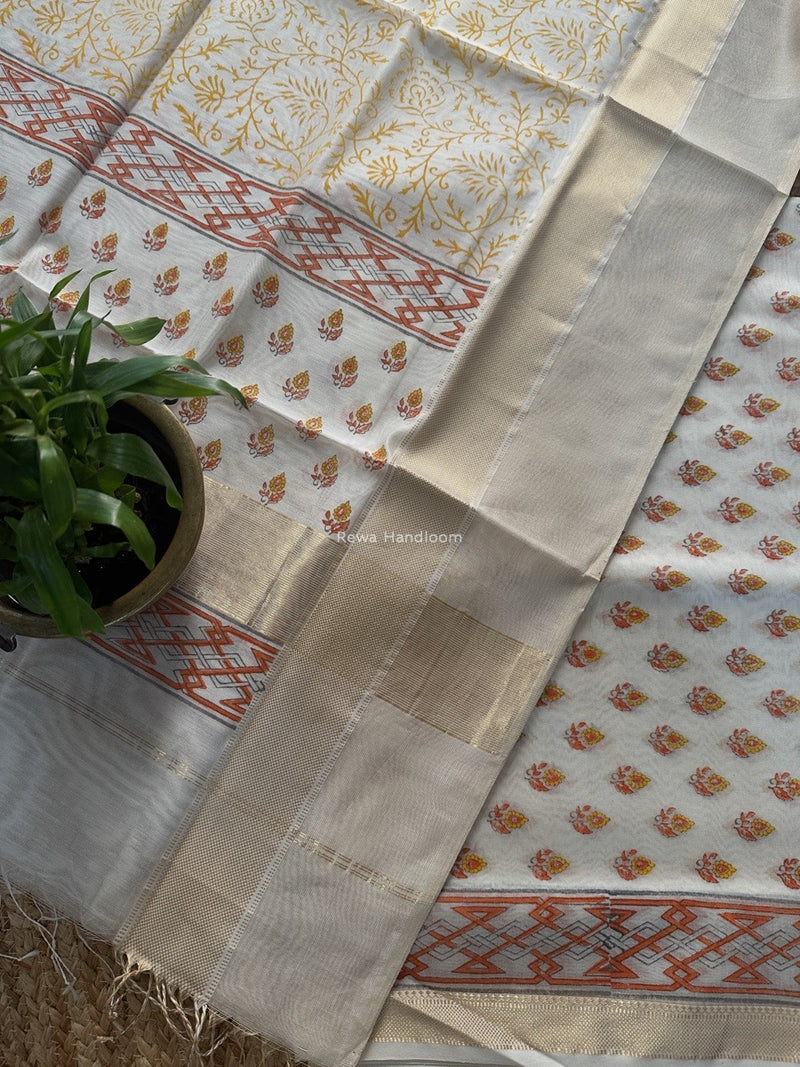 Maheshwari White Handblock Print Top-Dupatta HBS0177