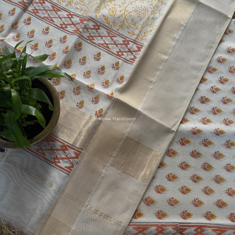 Maheshwari White Handblock Print Top-Dupatta HBS0177