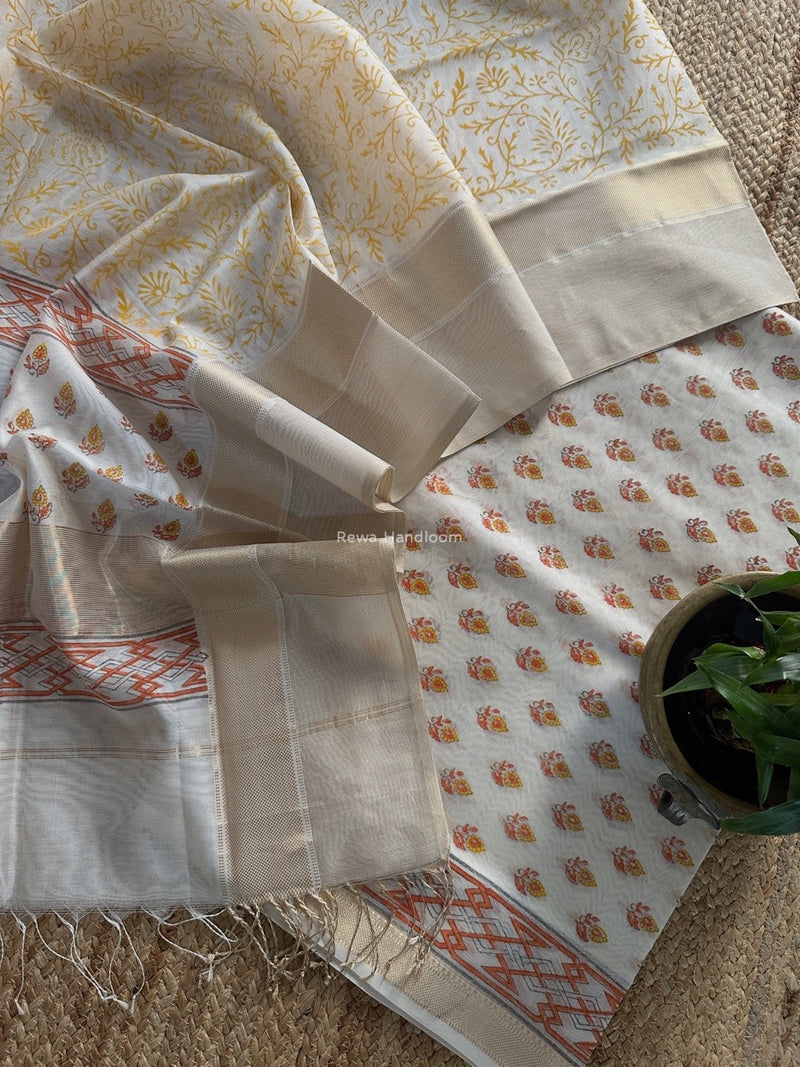 Maheshwari White Handblock Print Top-Dupatta HBS0177