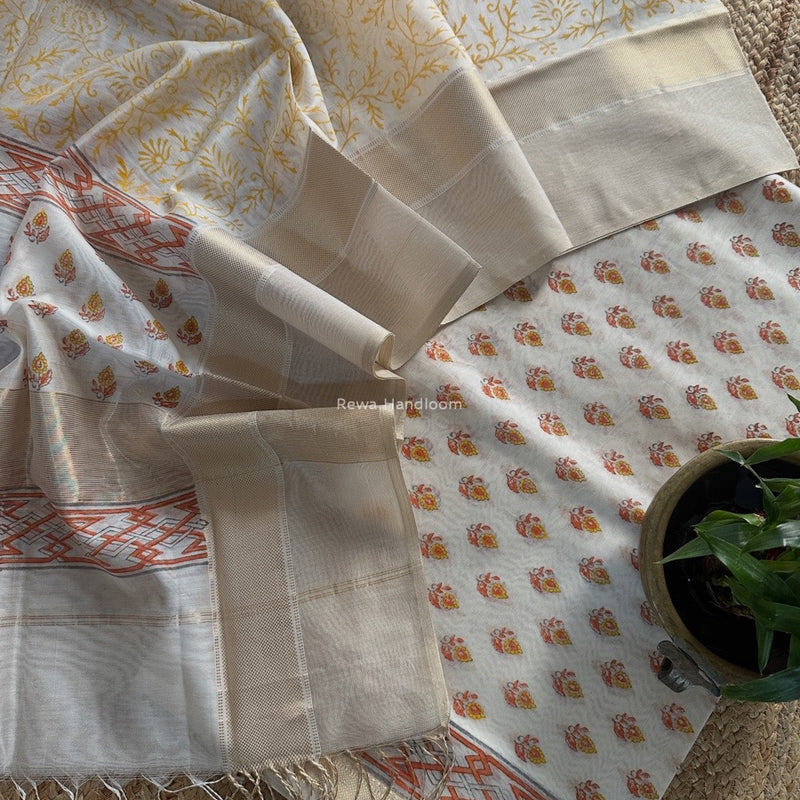 Maheshwari White Handblock Print Top-Dupatta HBS0177