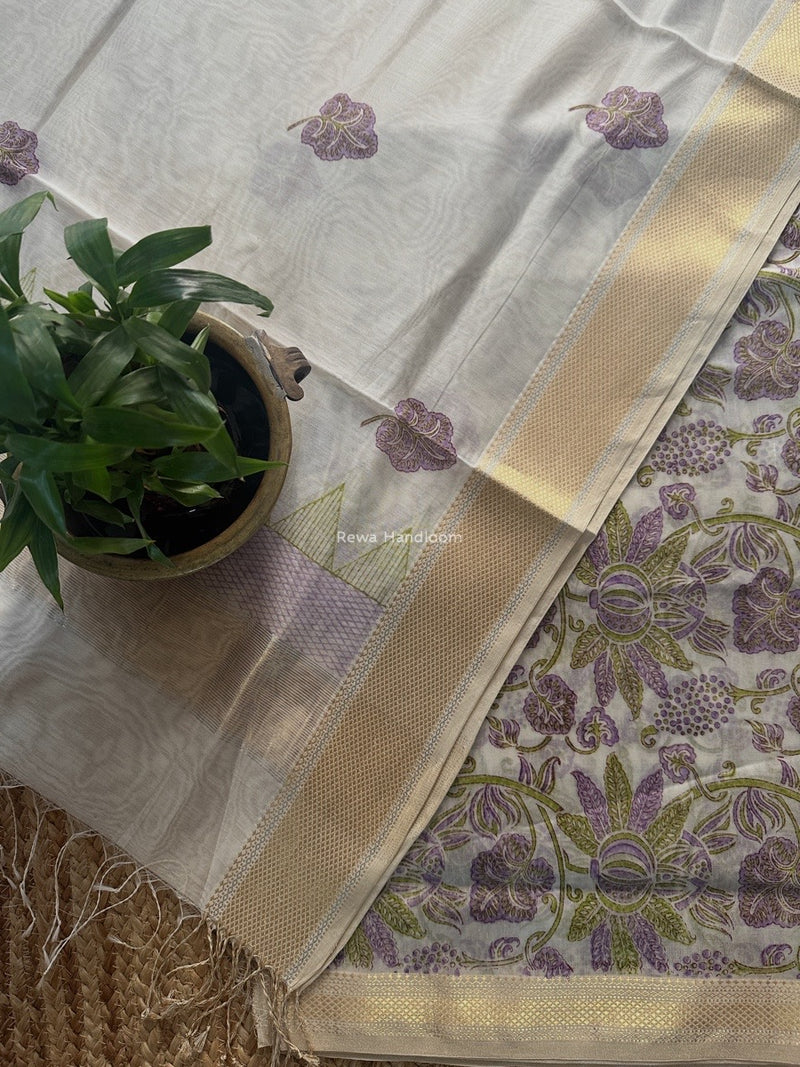 Maheshwari White Handblock Print Top-Dupatta HBS0178