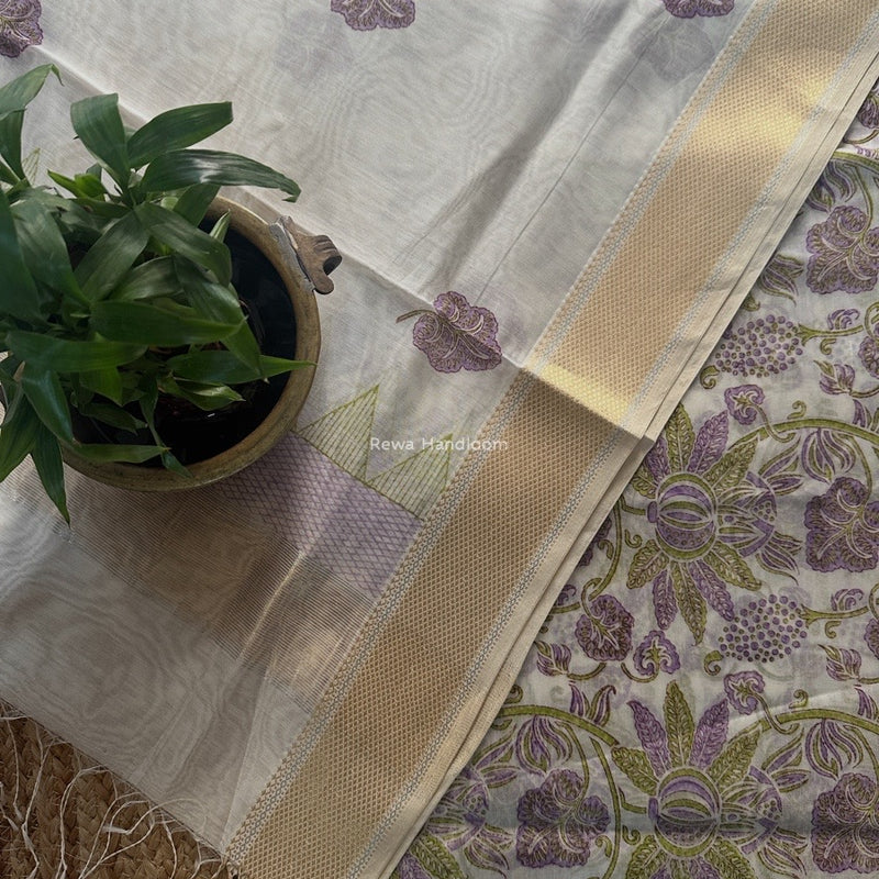 Maheshwari White Handblock Print Top-Dupatta HBS0178