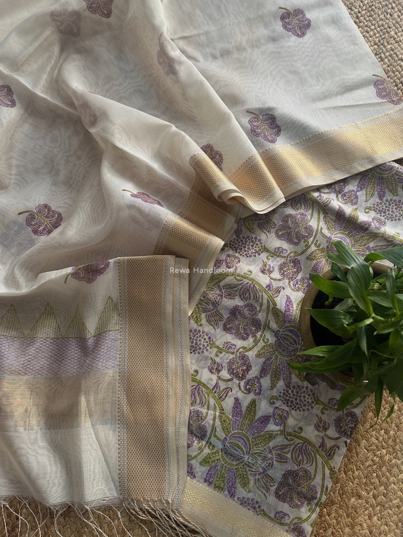 Maheshwari White Handblock Print Top-Dupatta HBS0178