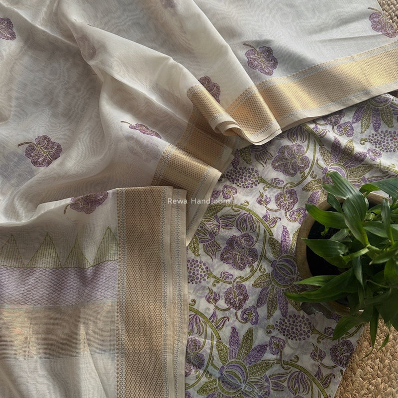 Maheshwari White Handblock Print Top-Dupatta HBS0178