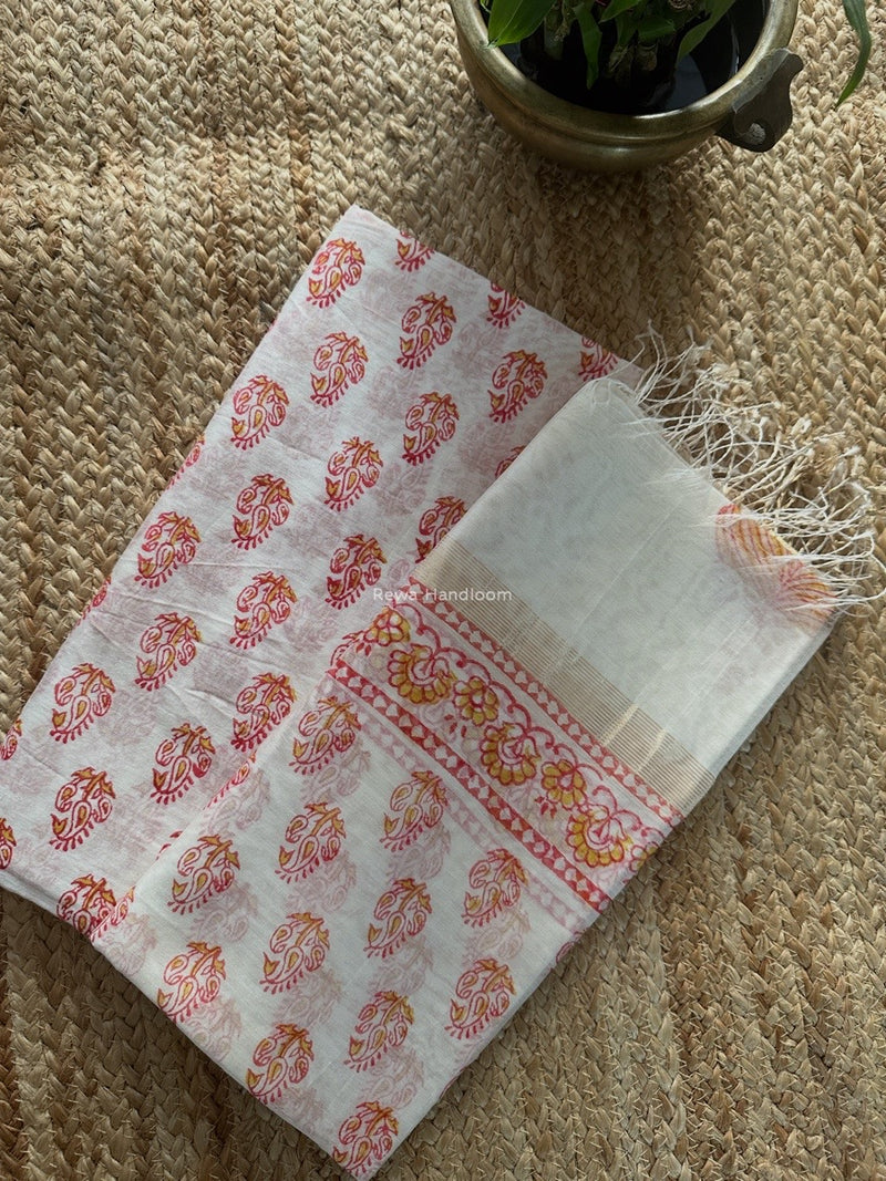 Maheshwari White Handblock Print Top-Dupatta HBS0179