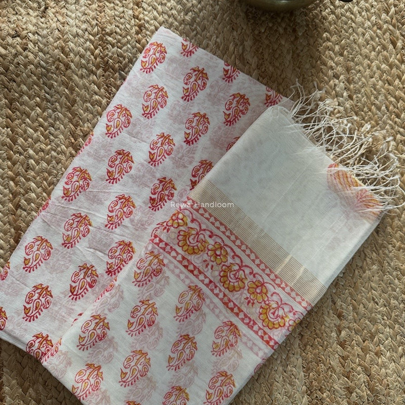 Maheshwari White Handblock Print Top-Dupatta HBS0179